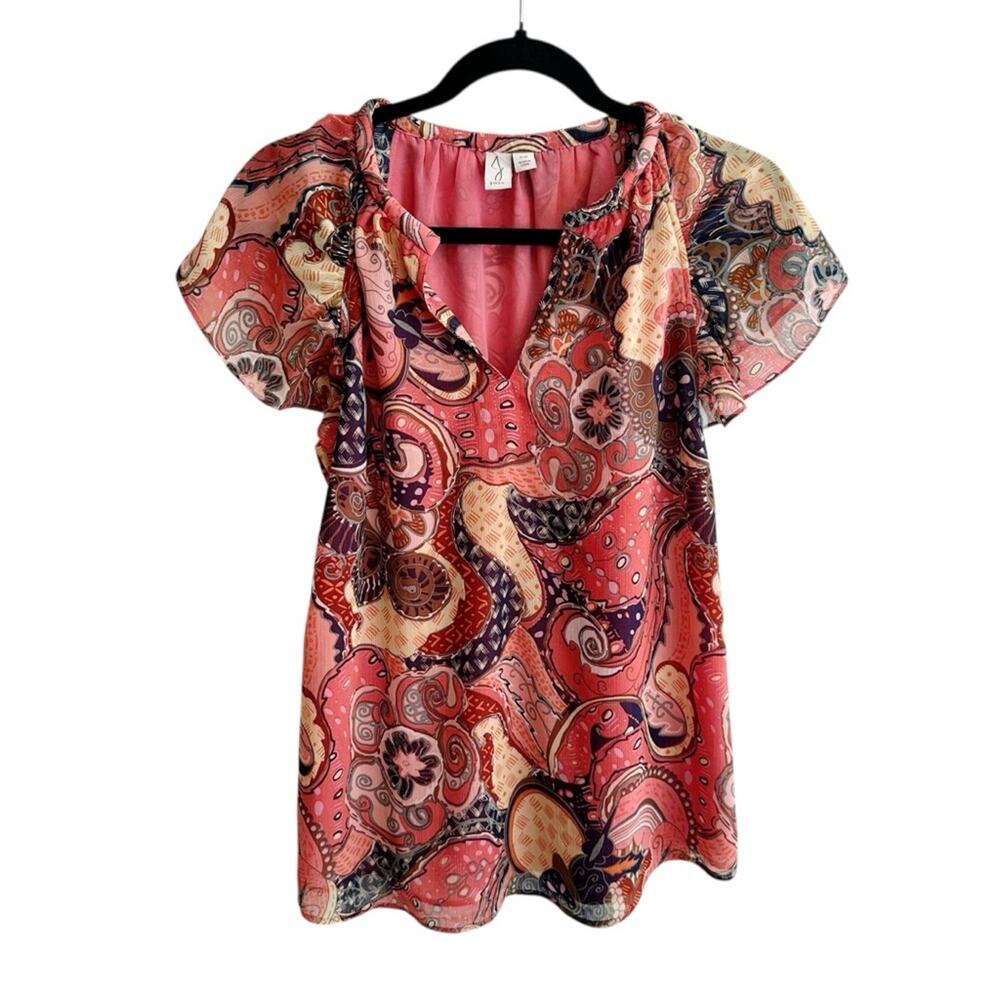 Joie Boho Floral Retro Chiffon Flutter Blouse Coral Orange Lined Size Small